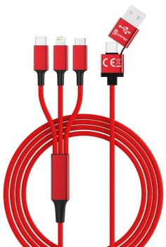 Multi-Ladekabel 5in1, USB-C, Lightning, Micro-USB, OTG, rot