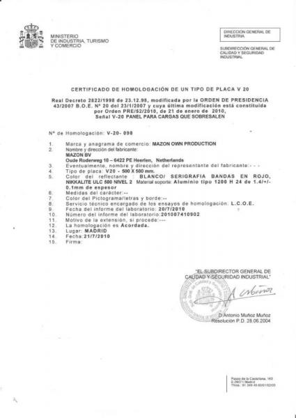 Alu-Warntafel für Spanien inkl. Zulassung